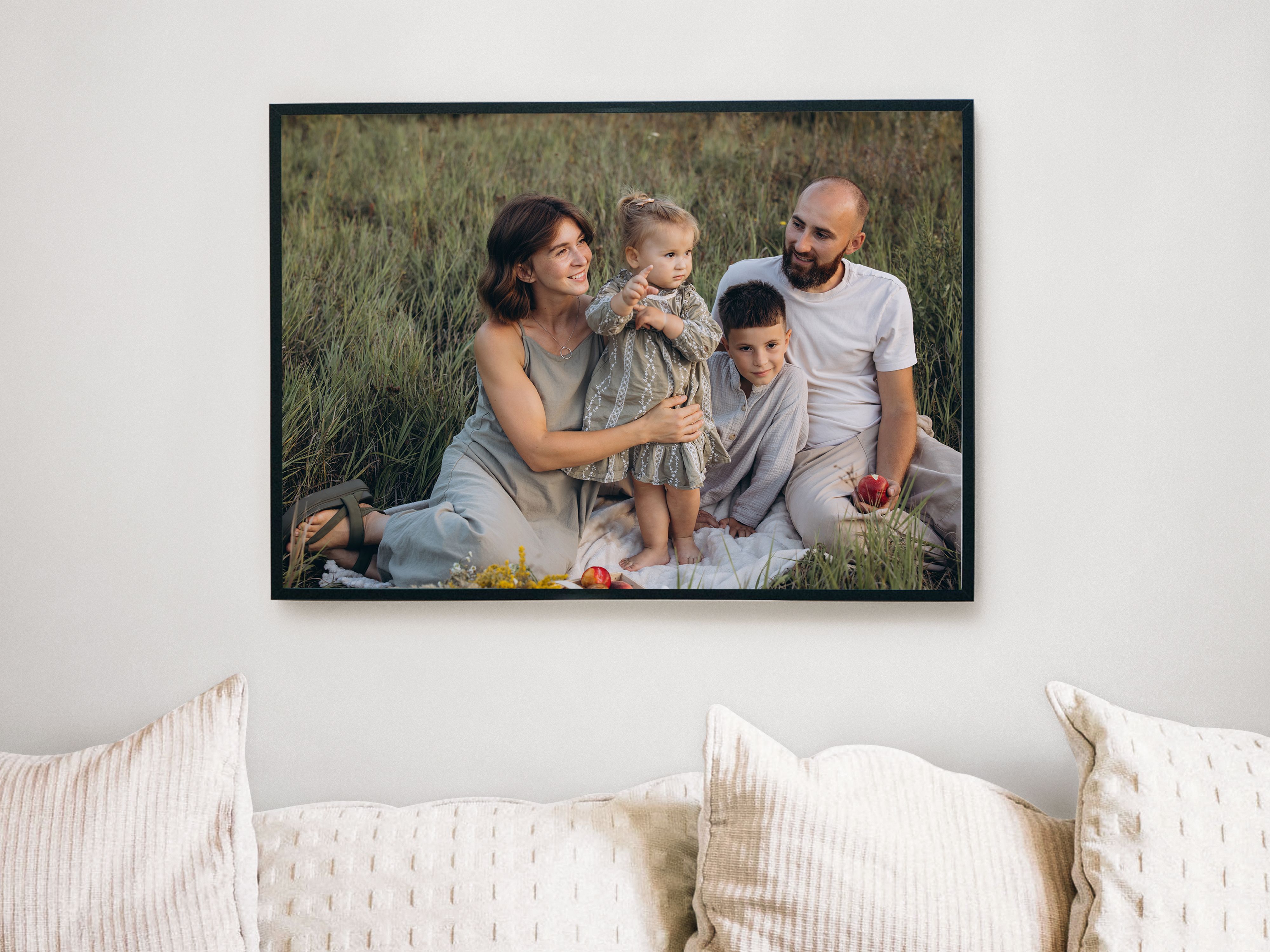 Framed canvas family photo hanging above a couch, featuring parents with two young children sitting together on a picnic blanket in a grassy field outdoors.