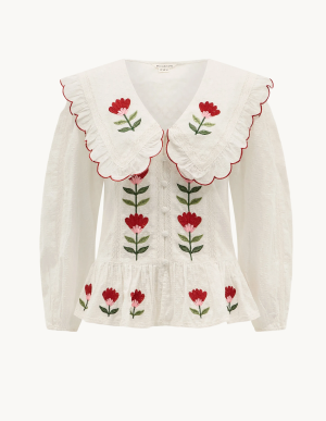 Talia Tulip Embroidered Scallop Collar Top White