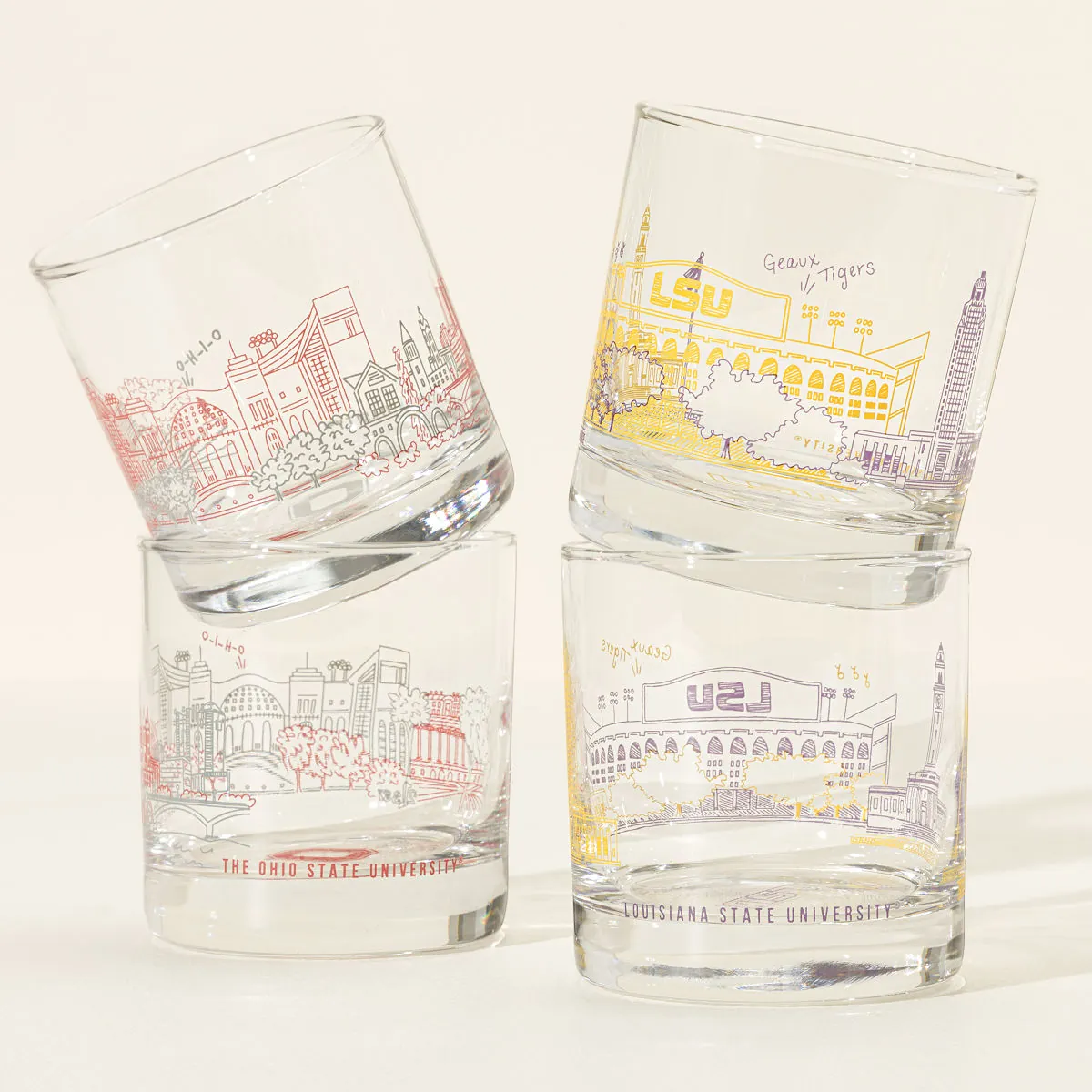 College Cityscape Rocks Glasses - Set of 2