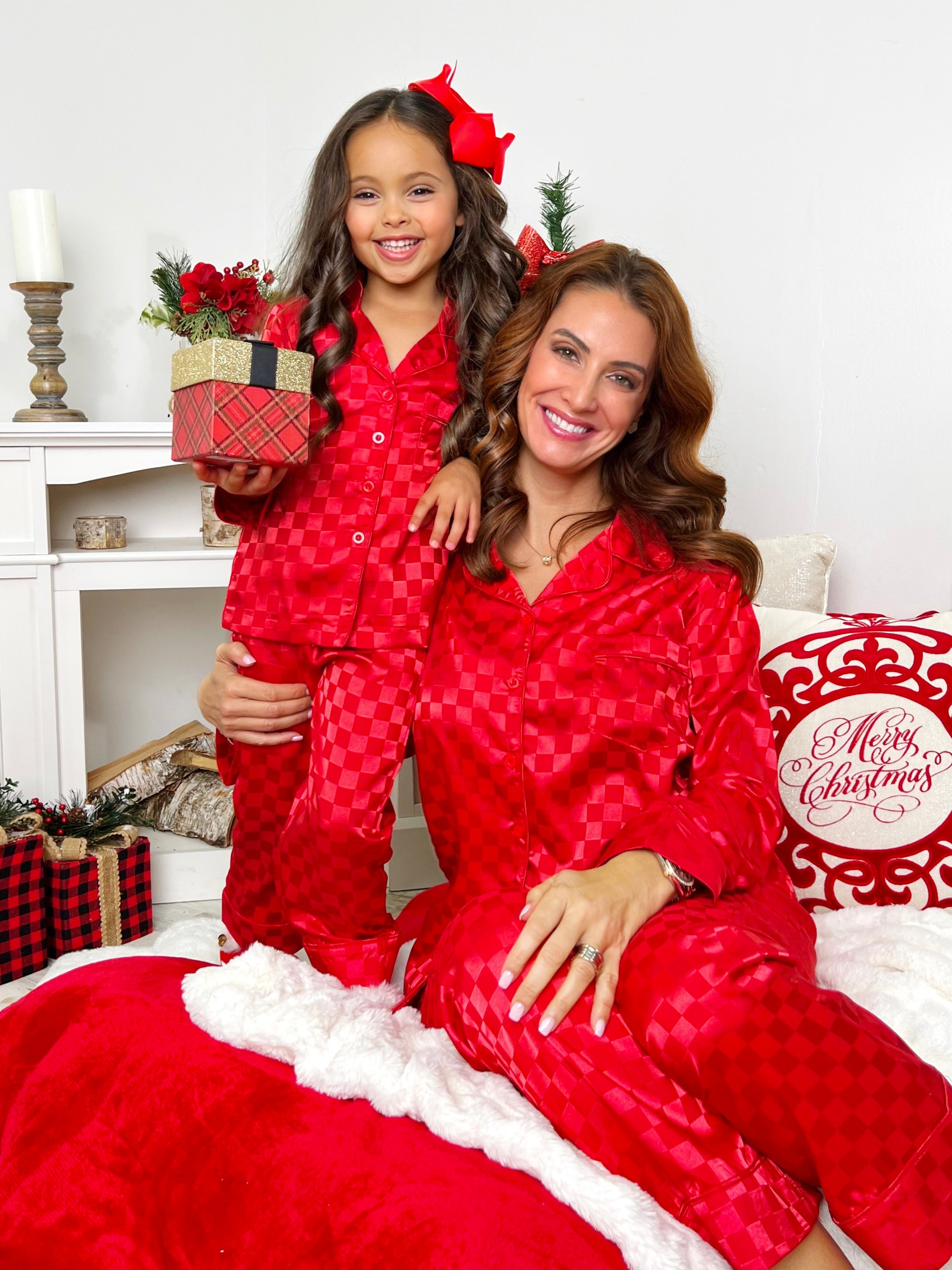 Image of Mommy and Me Red Silky Checkered Pajama Set