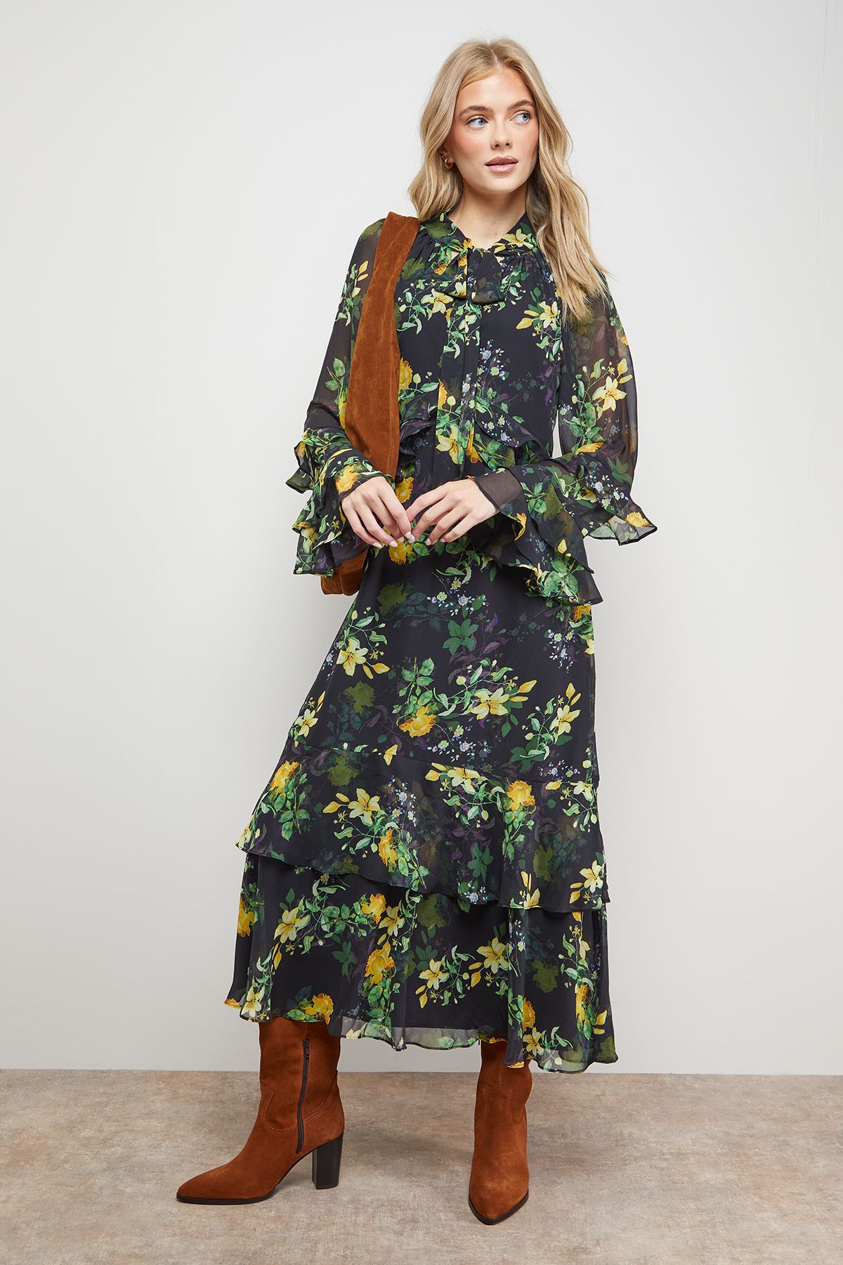 Printed Tie Neck Ruffle Detail Maxi Dress