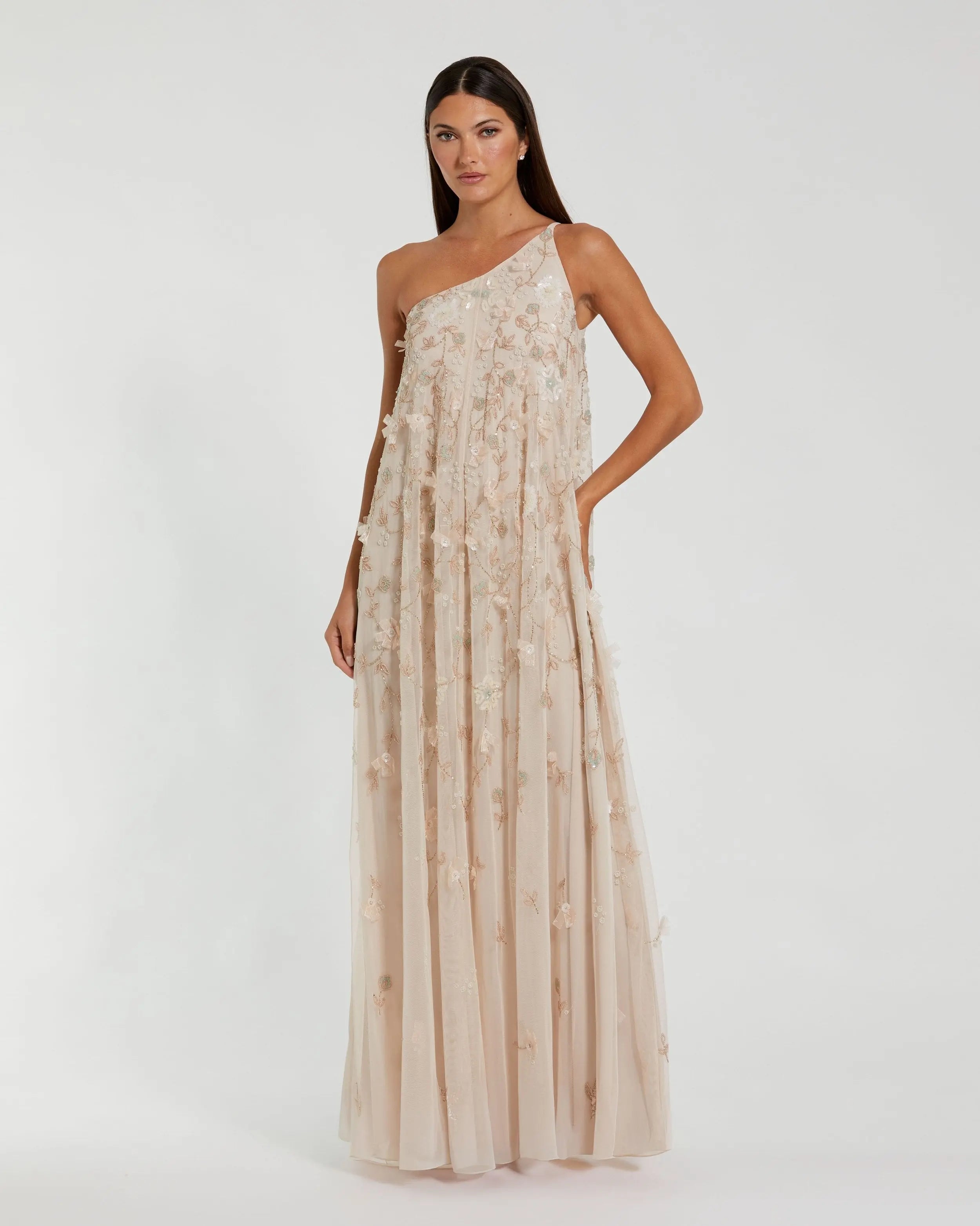 Image of Beige One Shoulder Floral Embellished Trapeze Gown