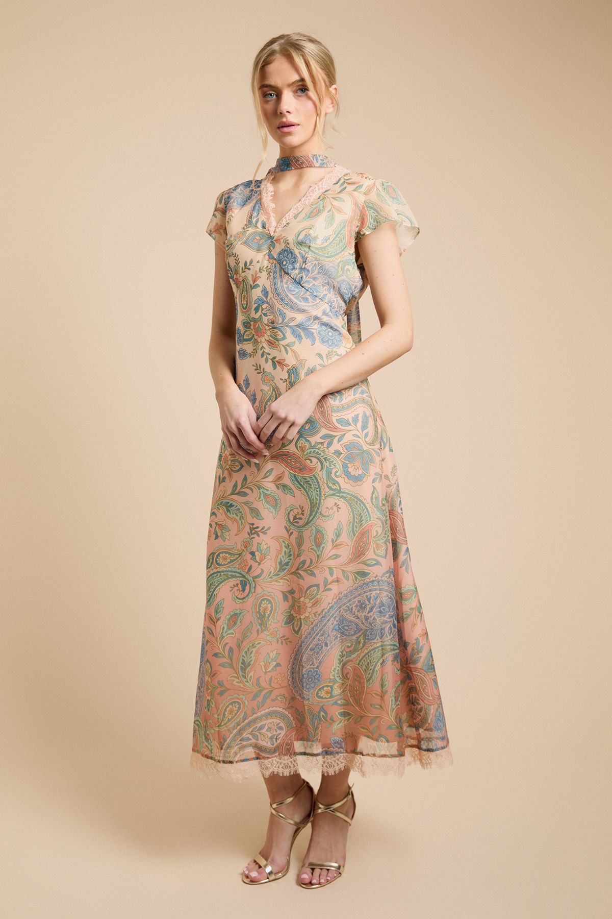 Fluted Sleeve Midaxi Dress With Neck Scarf Detail