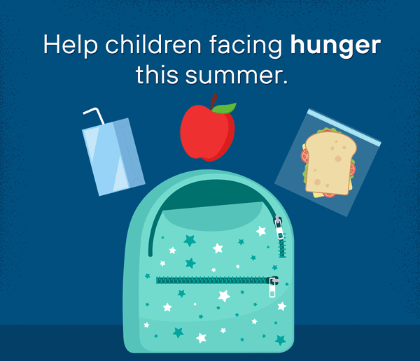 animation of food entering a backpack beneath large text: help children facing hunger this summer
