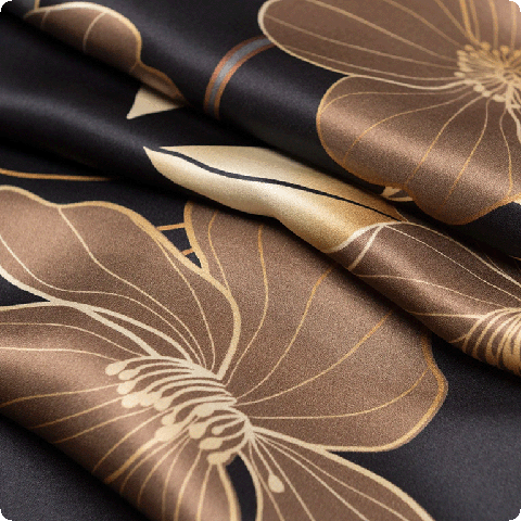 Close up of premium silk satin scarf with bronze and black floral patterns