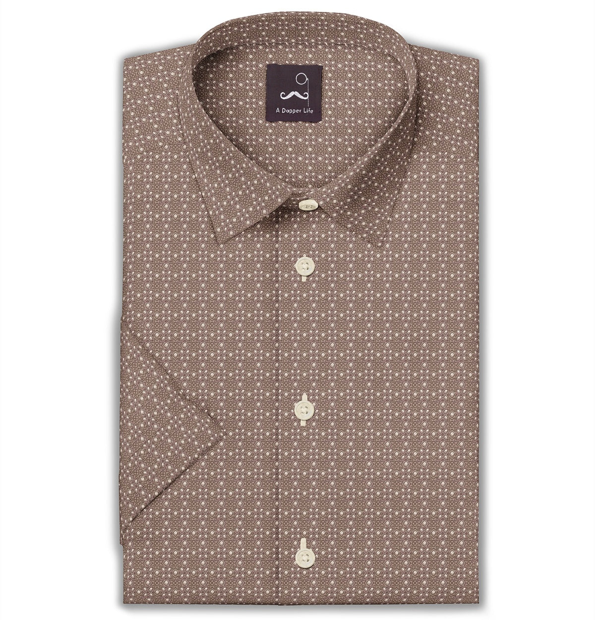 Image of Pure Cotton - Semi-Spread Collar - Short Sleeve - Coffee Filigree