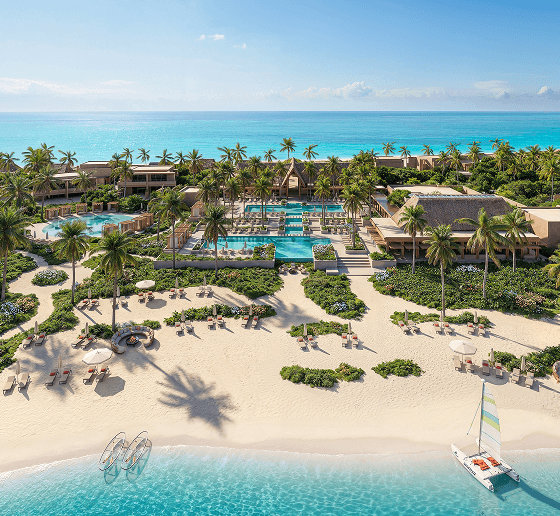 Aerial view of a resort-style private island with central pools, palm trees, and loungers along the sand.