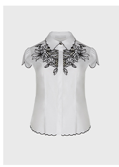 White Short Sleeve Poplin Shirt With Black Floral Embroidered Design