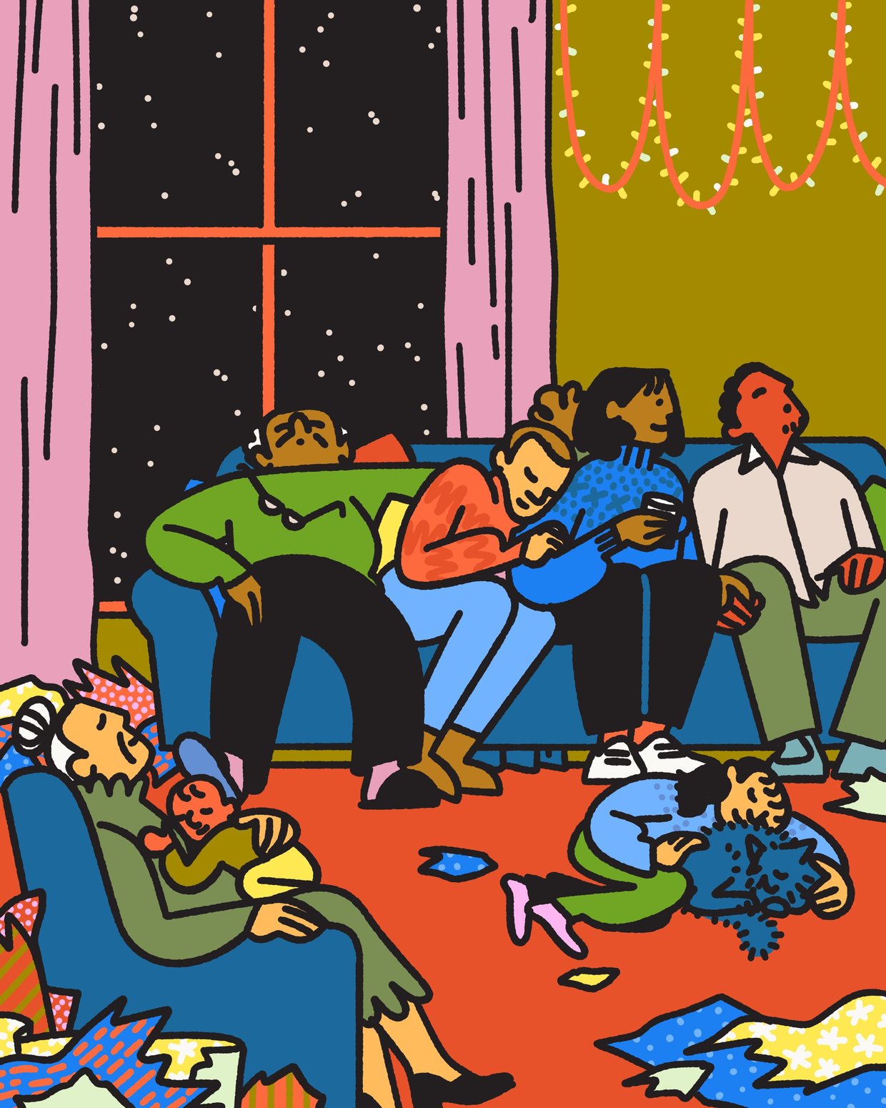 A family asleep on the couch in the aftermath of a holiday celebration