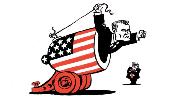 Cartoon showing Pete Hegseth launching himself from a large cannon painted with the U.S. flag, holding a firing cord as he shoots forward. In the background, Donald Trump stands with folded arms, watching.