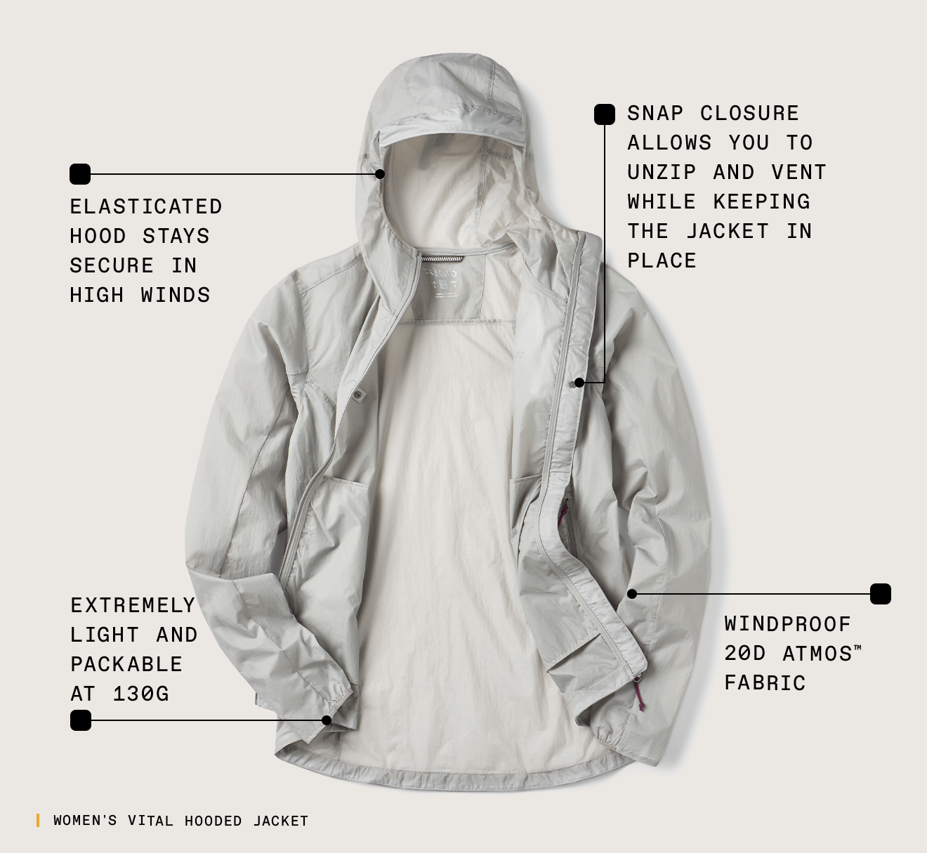 Product Flatlay of a Women's Vital Hooded Jacket with some of the key features surrounding the image.