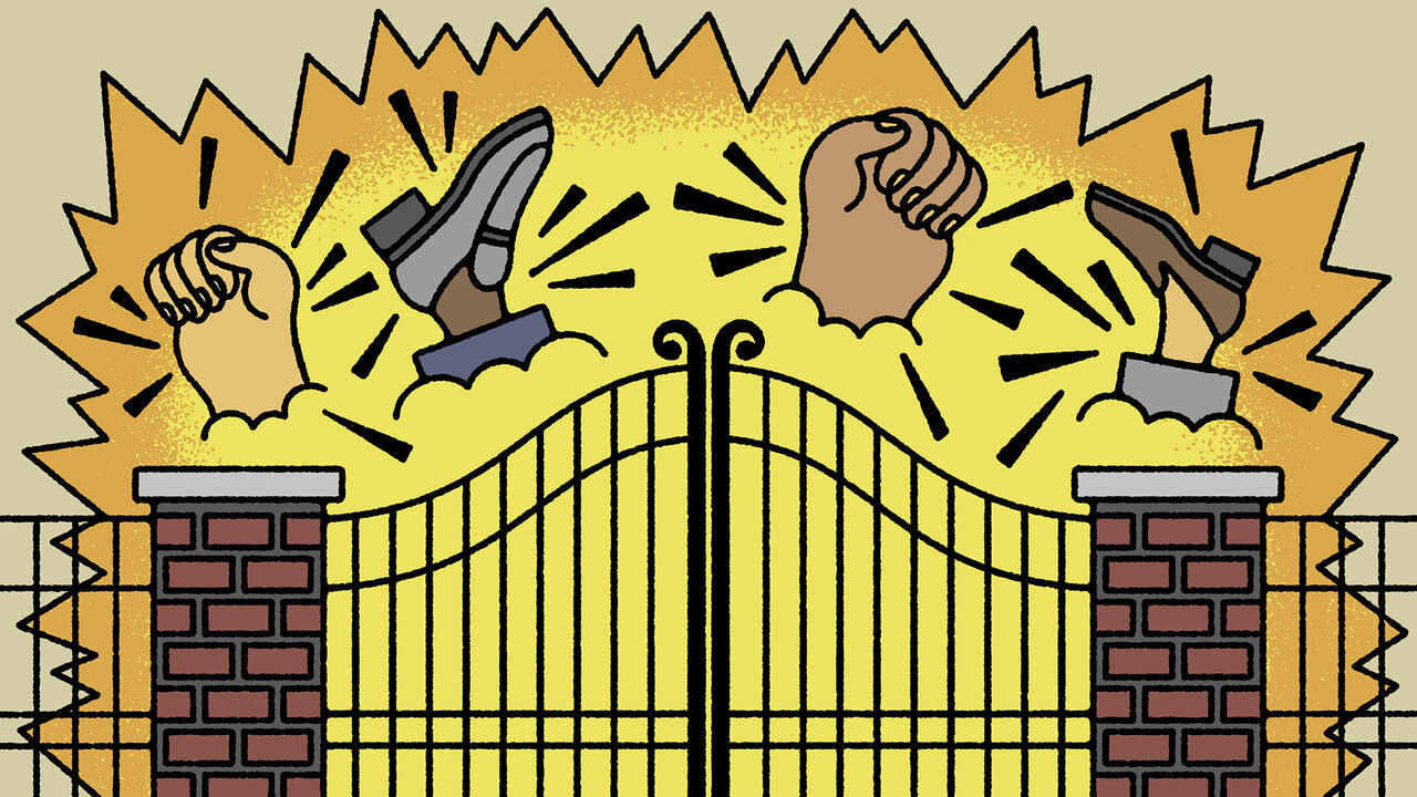 Hands and legs fight behind a set of gates