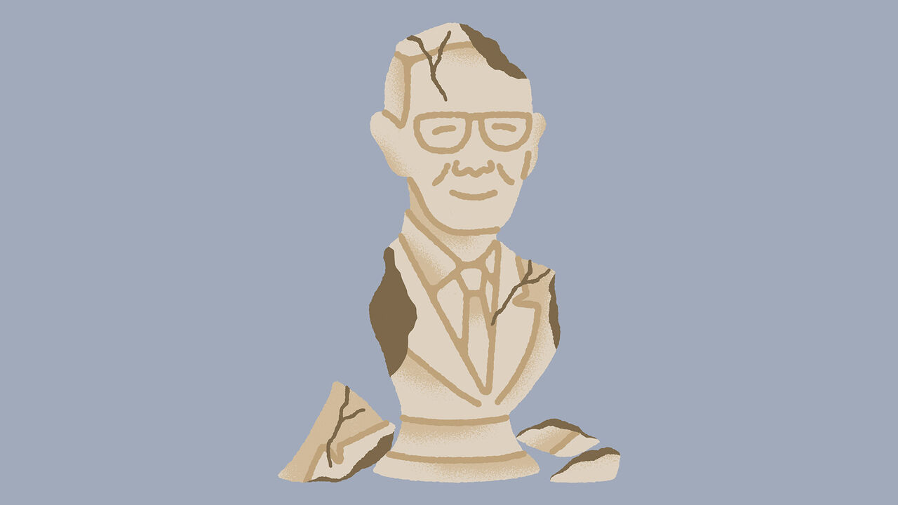 Illustration of a crumbling bust of Sumitro Djojohadikusumo