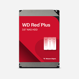 WD Red Plus 3.5" NAS HDD packaging, featuring a red label with white text.