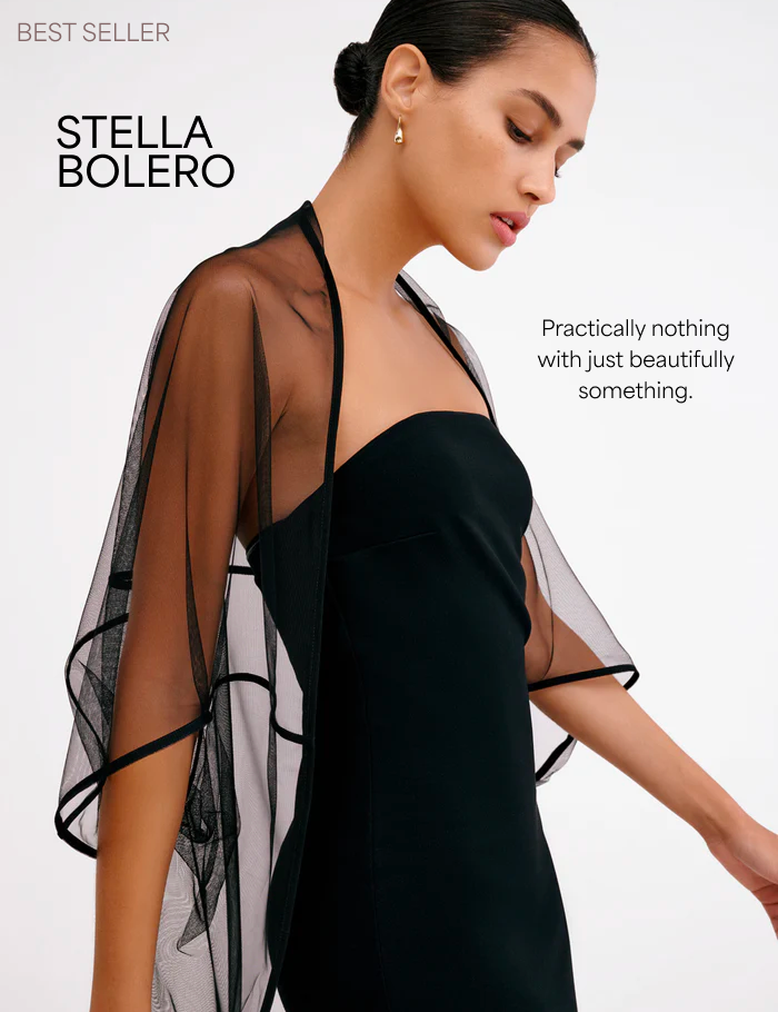 Astrid in The Stella Bolero is shown with the text “Stella Bolero” and “Practically nothing with just beautifully something.”
