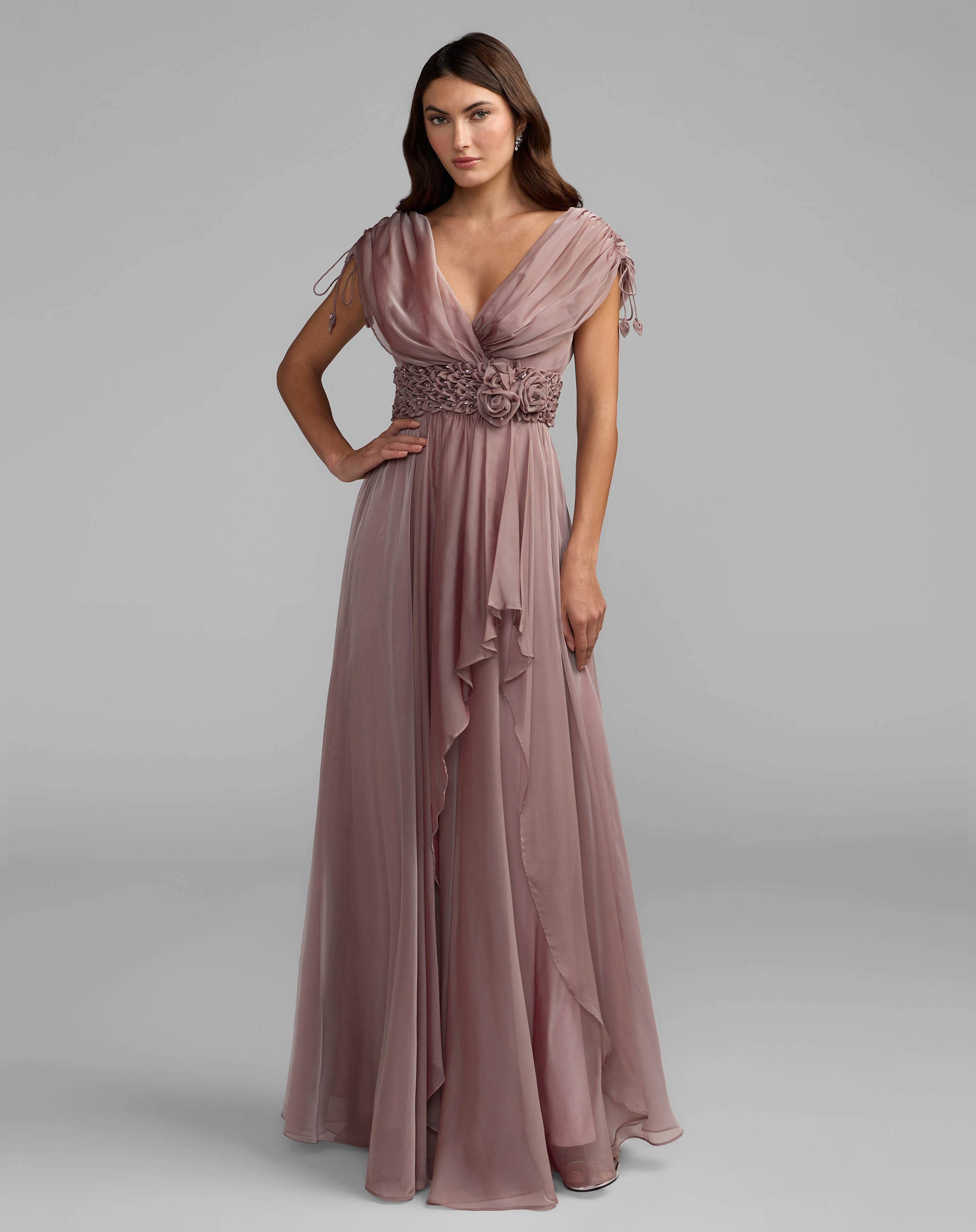 Image of Purple Crystal Floral Waist Chiffon Gown