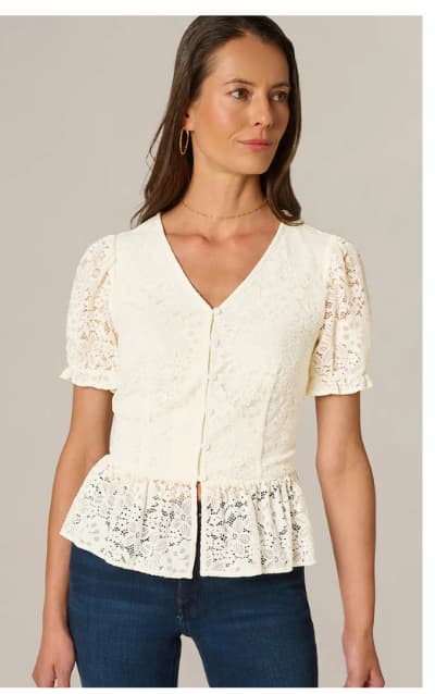 Puff Sleeve Lace Ruffle Peplum Top In Ivory
