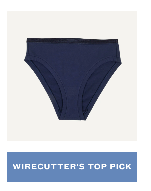 Navy organic cotton bikini underwear product image featuring “Wirecutter’s Top Pick” badge.