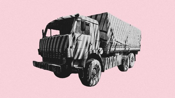 A stylized illustration of a large cargo truck, representing transportation, logistics, or freight delivery.