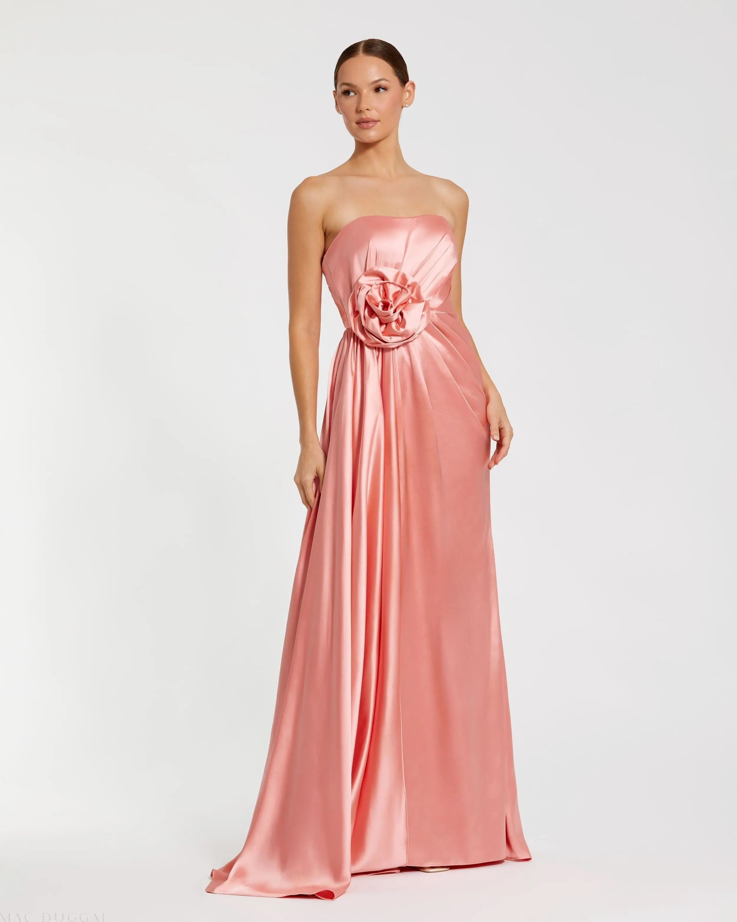 Image of Pink Strapless Satin Gown With 3D Flower