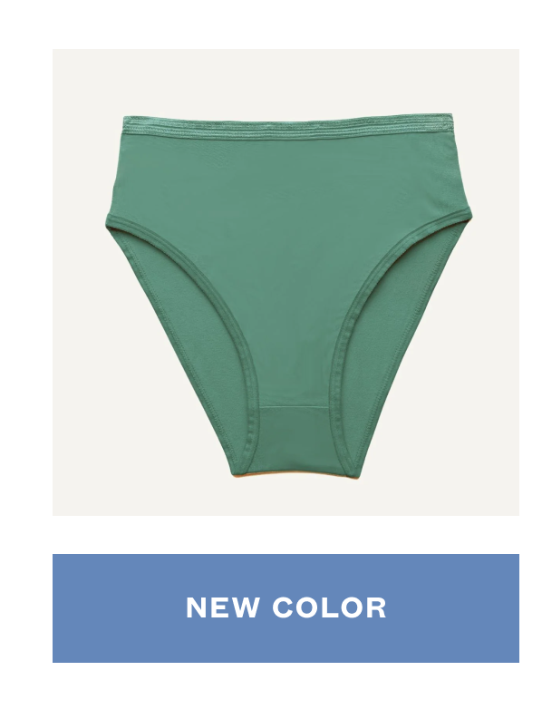 Green high-waisted organic cotton underwear product image with “New Color” label.
