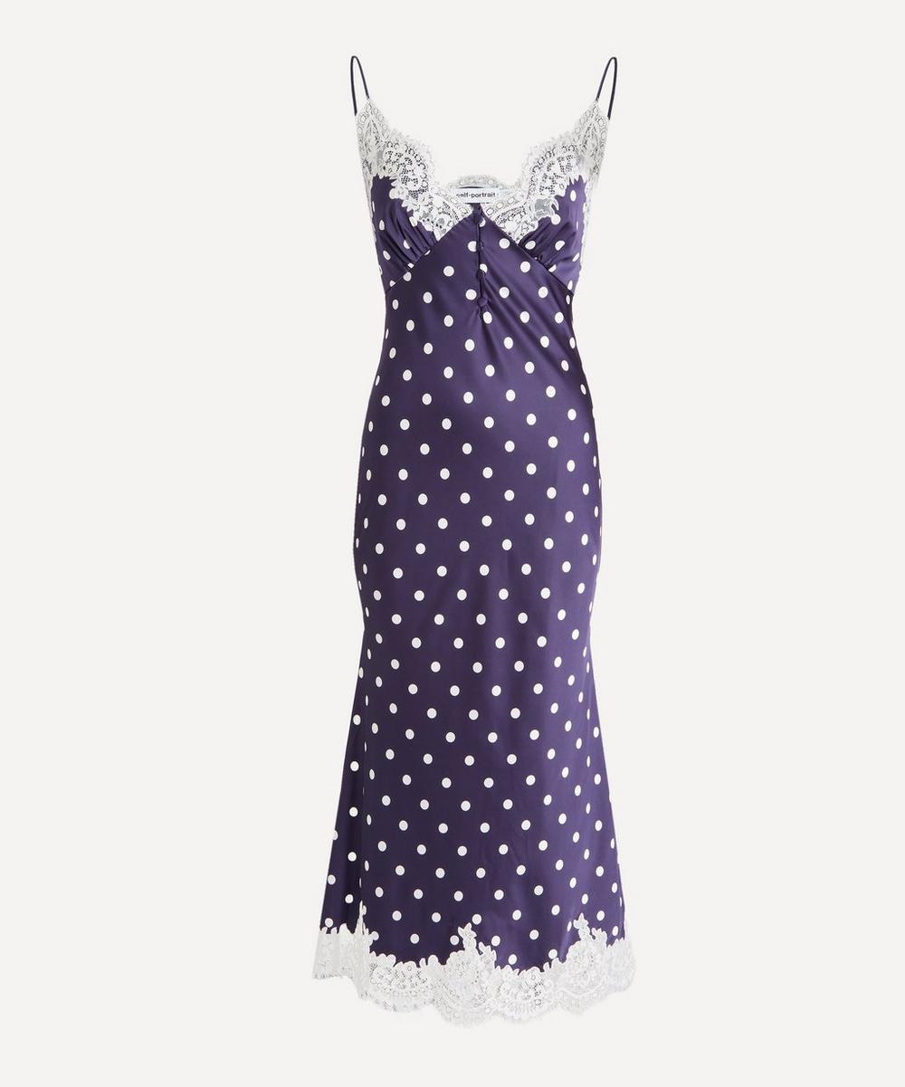 Self-Portrait Navy Satin Polka-Dot Slip Dress