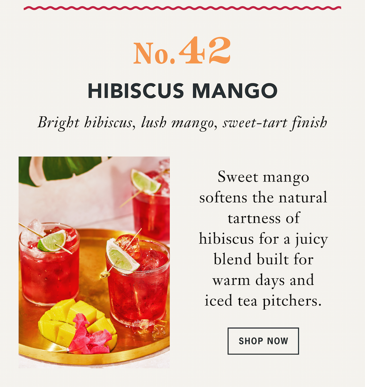 Hibiscus Mango  Tropical Fruit Meets Floral Brightness   Sweet mango softens the natural tartness of hibiscus for a juicy blend built for warm days and iced tea pitchers.   Flavor Profile: Bright hibiscus, lush mango, sweet-tart finish   CTA: Shop Hibiscus Mango