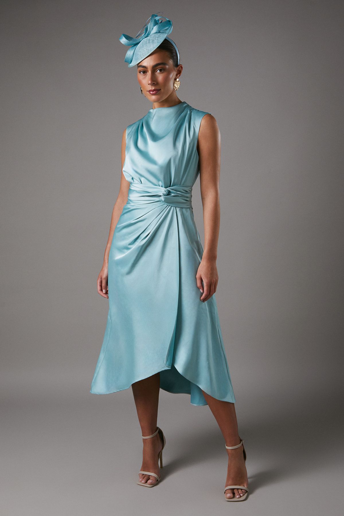 Satin Midi Dress With Twist Waist
