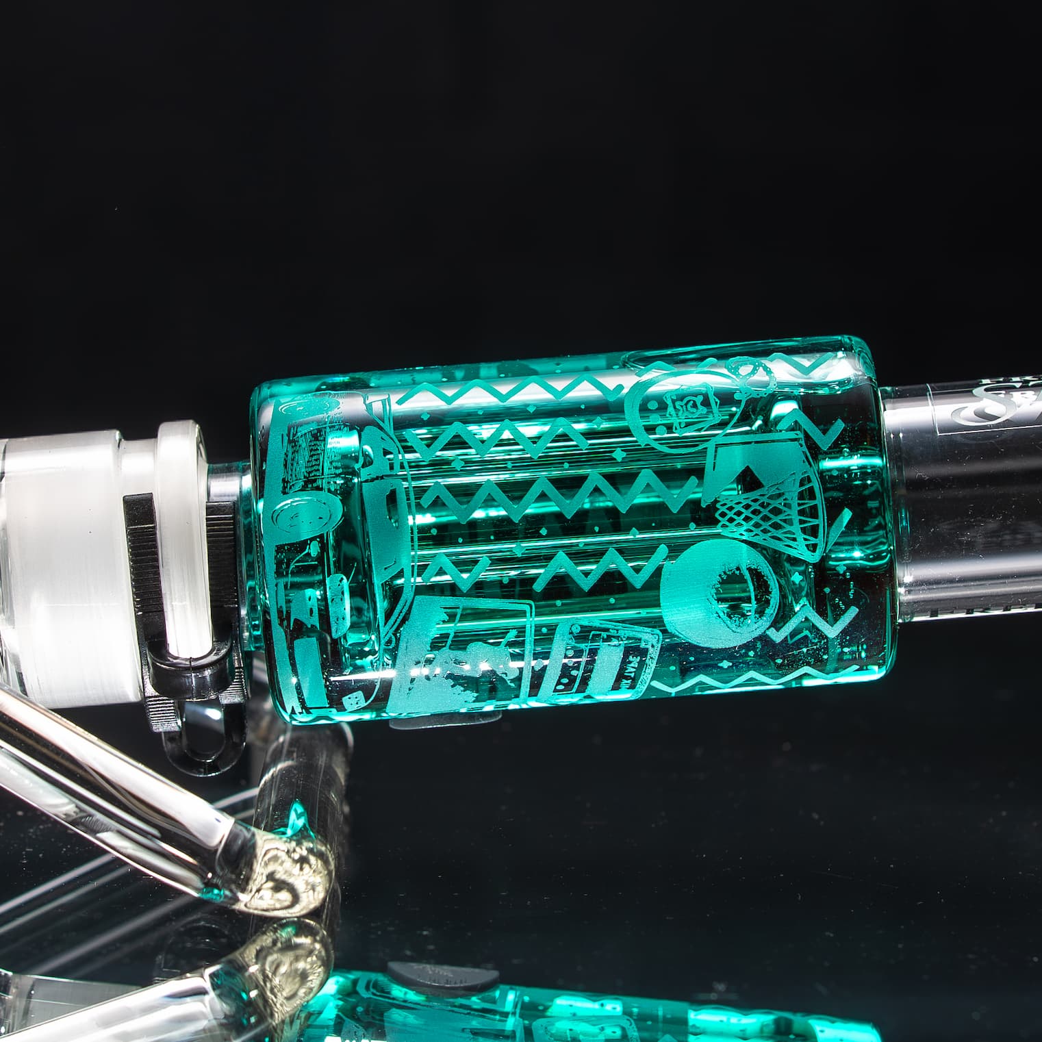 Teal Drop 3 glycerin chamber with retro sports engravings