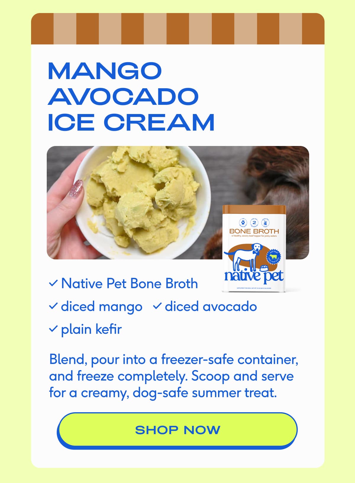 Mango Avocado Ice Cream Native Pet Bone Broth diced mango diced avocado plain kefir Blend, pour into a freezer-safe container, and freeze completely. Scoop and serve — a creamy, dog-safe summer treat. shop now