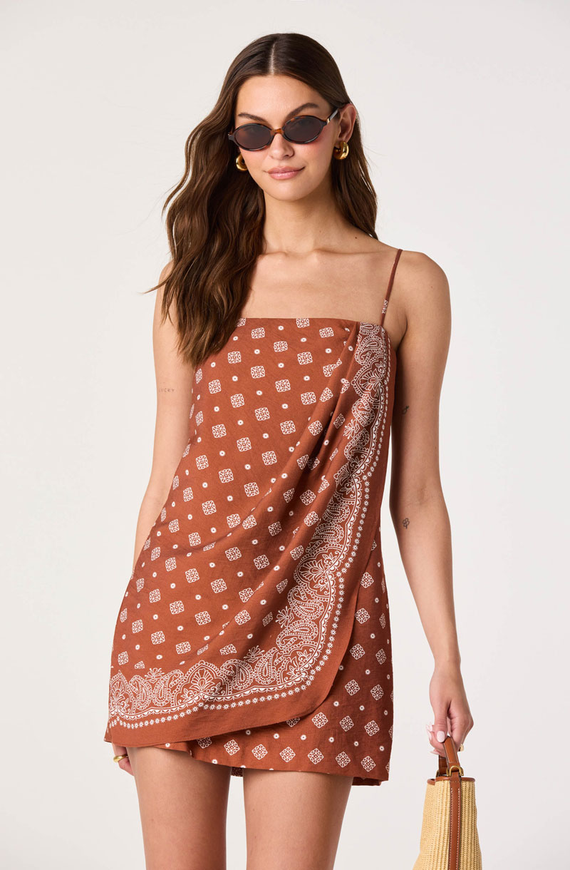 Woman Wearing Faux Wrap Mini Dress