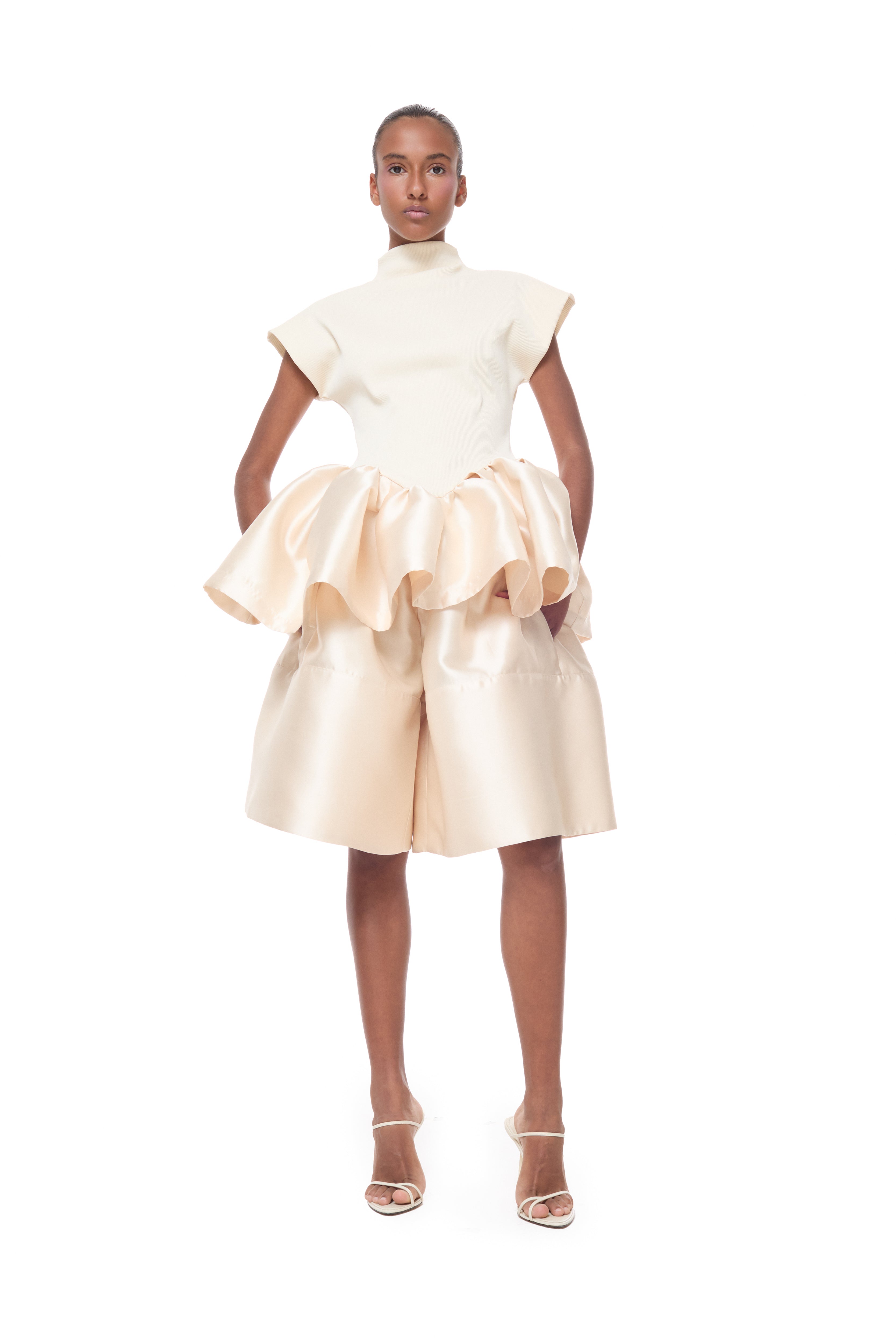 BEIGE MIKADO A-LINE VOLUME SHORTS