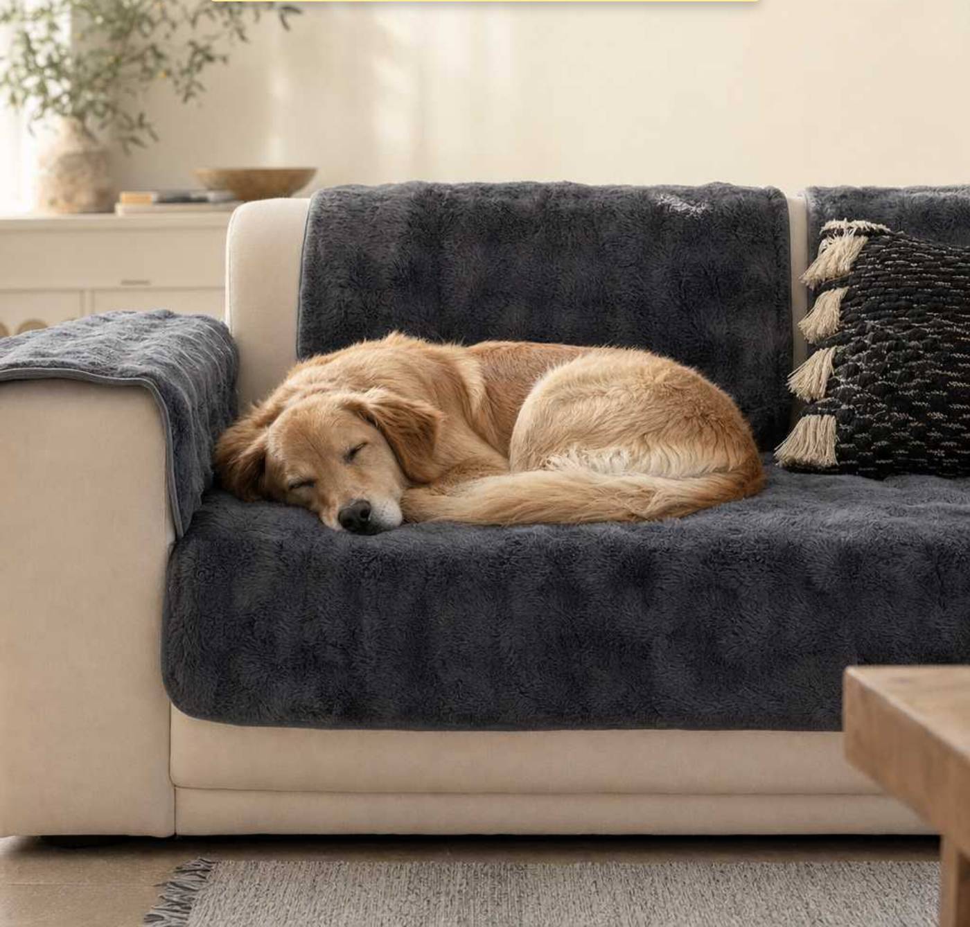 A golden retriever dog sleeping peacefully on a dark grey Magic Sofa Mat on a couch.