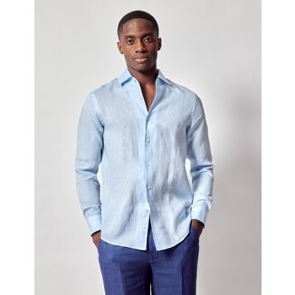 Light Blue Pure Linen Slim Shirt - One Piece Collar - Full Cutaway