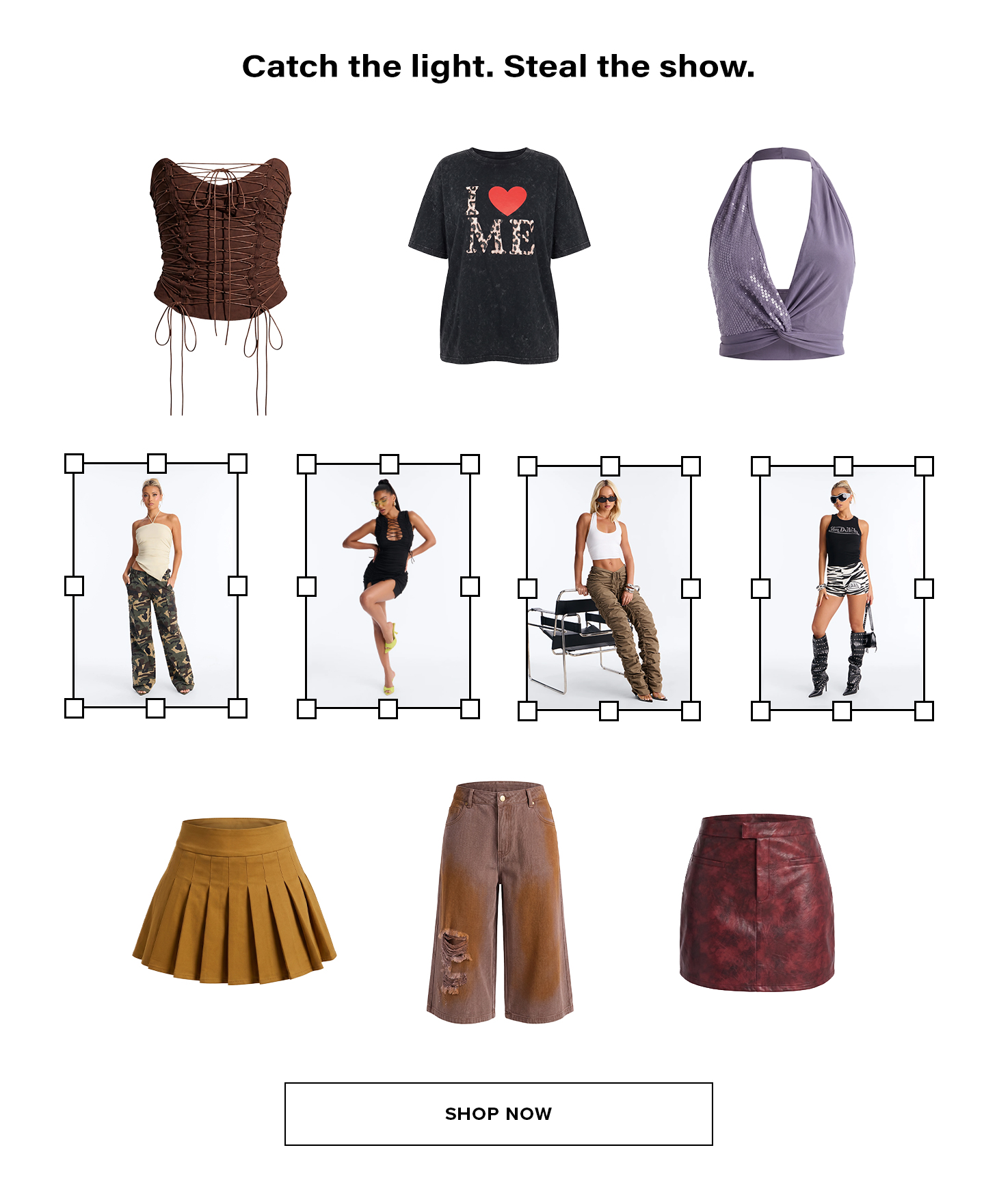 Trendy apparel collection showcasing lace-up corset, sequin halter, graphic tee, mini dresses, cargo pants, and skirts. Shop new arrivals.
