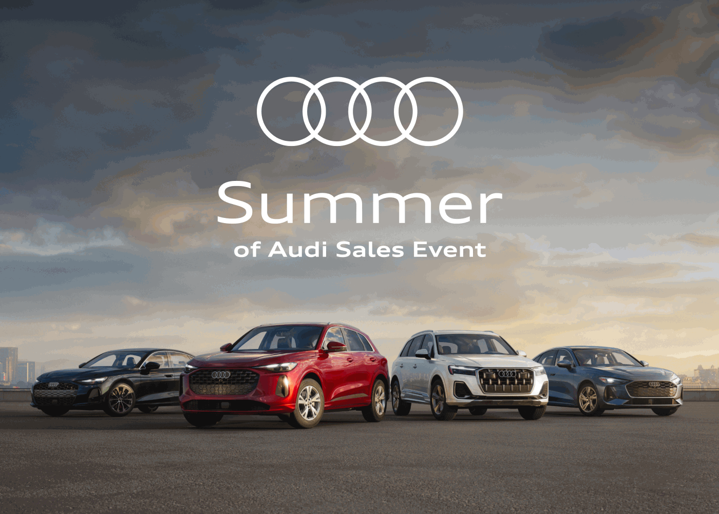Audi pack shot in front of a summer sky. Audi Q5 driving down a desert road. Audi Q7 speeding through a forest. Audi A5 parked beside a sandy beach. Summer of Audi Sales Event. Explore the lineup.