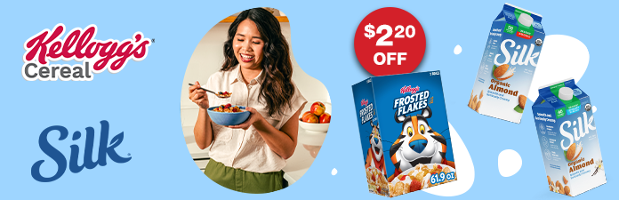 Kellogs cereal $2.20 OFF. Silk almond milk