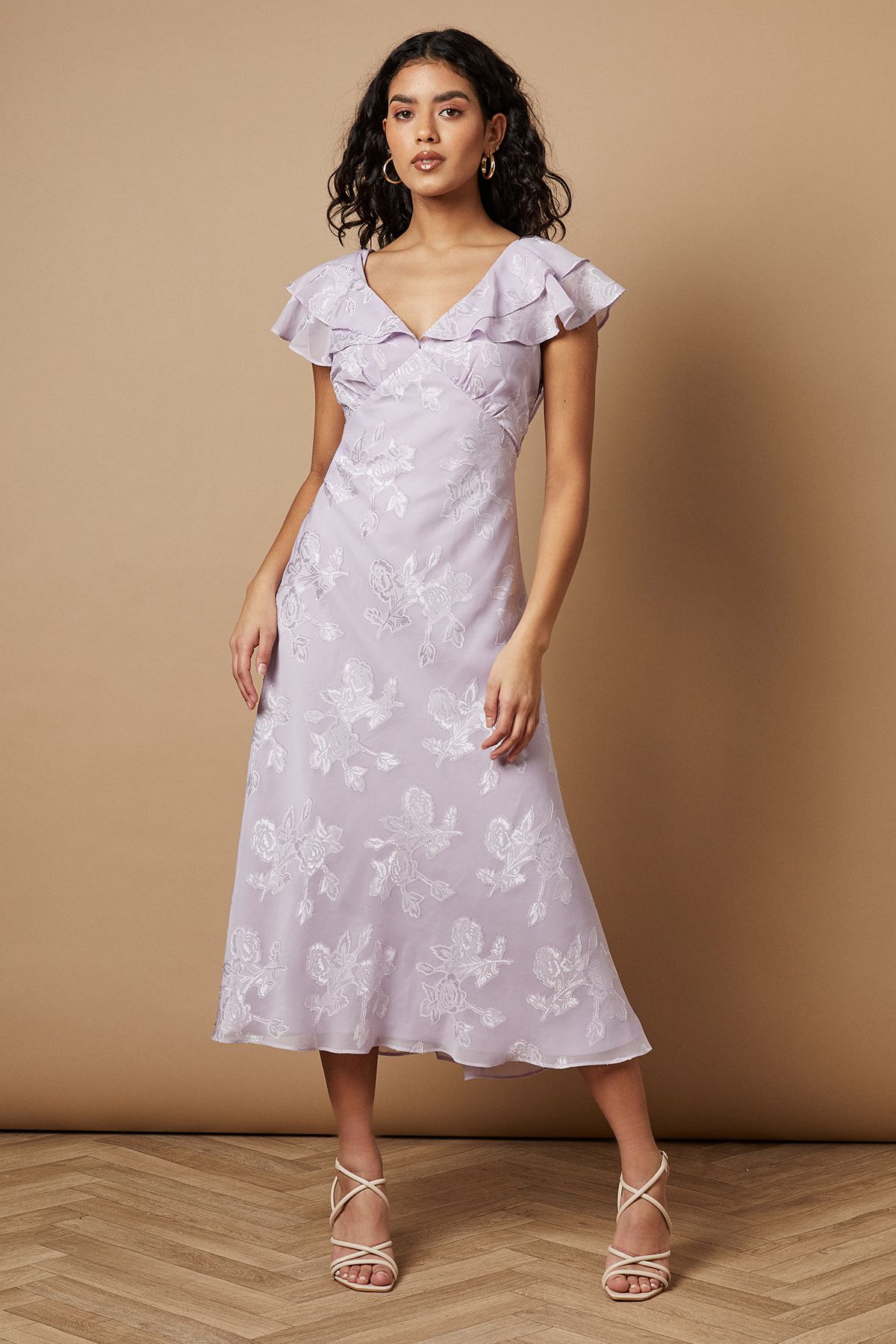 Petite Plain Satin Burnout Ruffle Midi Dress