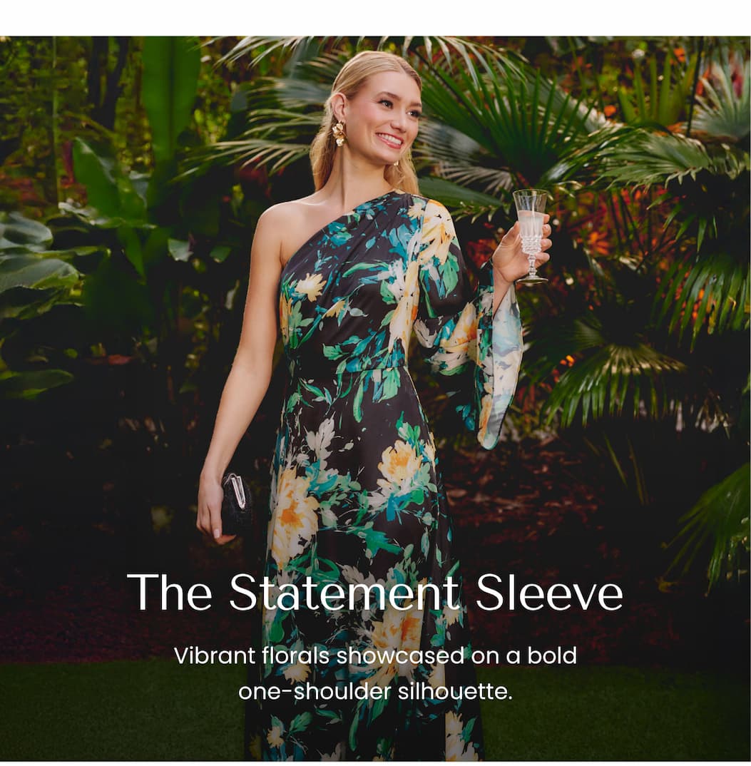 One Shoulder Long Sleeve Floral Satin Gown In Black Multi