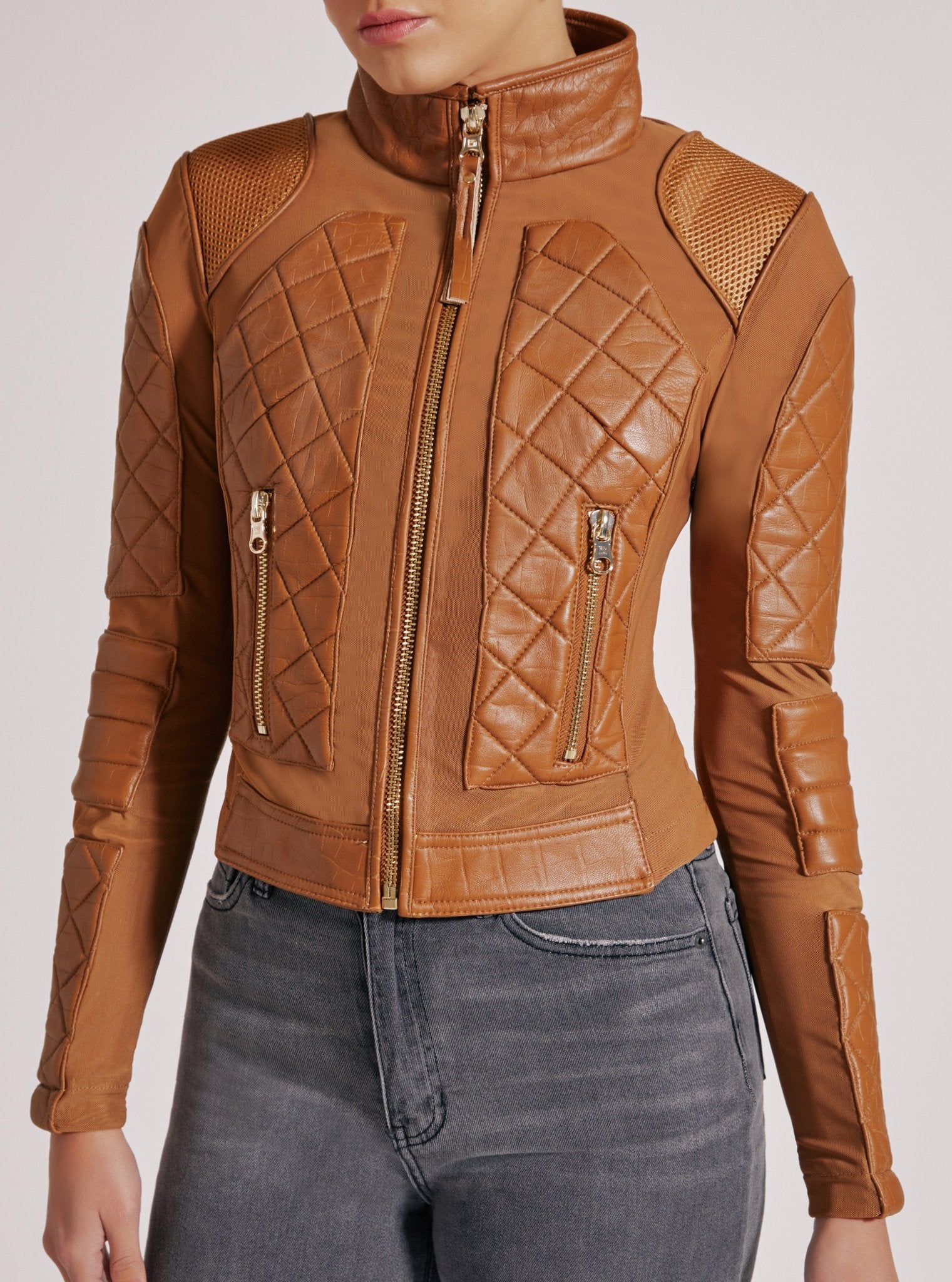 Image of Textured Leather Mesh Moto Jacket - FINAL SALE Gold Trims and Brown Croc