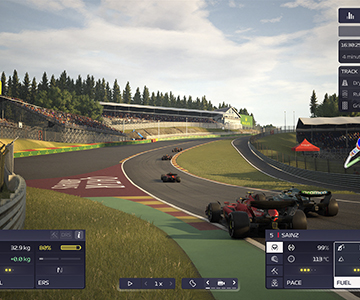 Driving video game showing the race track and drivers controls interface