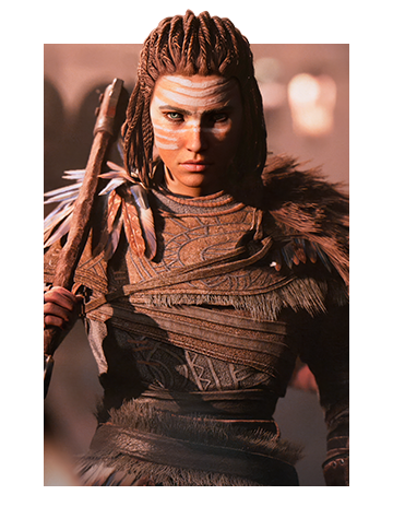 Key art for GreedFall: The Dying World depicting a stoic female character dressed in combat leather and warpaint.