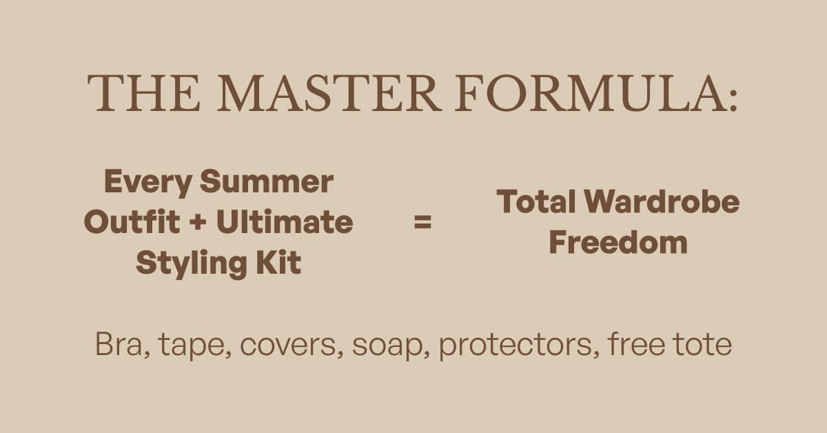 THE MASTER FORMULA: Every Summer Outfit + Ultimate Styling Kit = Total Wardrobe Freedom Bra, tape, covers, soap, protectors, free tote