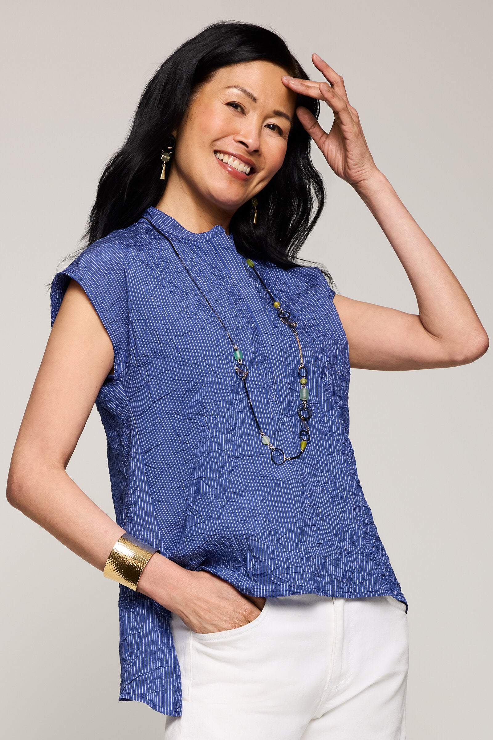 Image of Crinkle Elora Top - Royal Mini Stripe