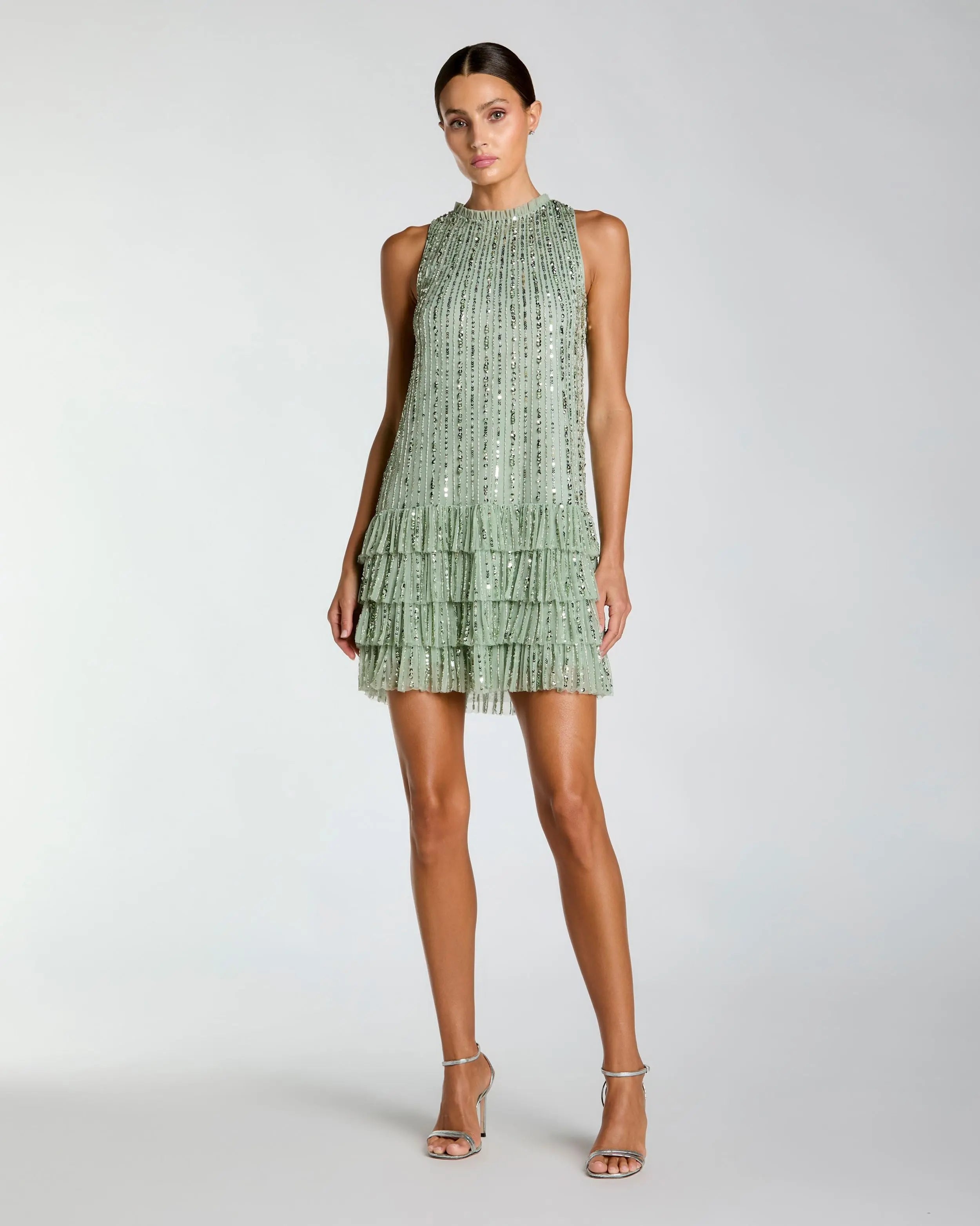 Image of Green Striped Sequin Tiered Ruffle Mini Dress