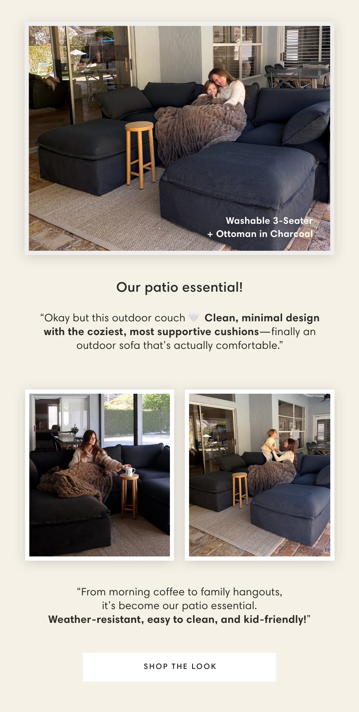 Washable 3-Seater Ottoman in Charcoal