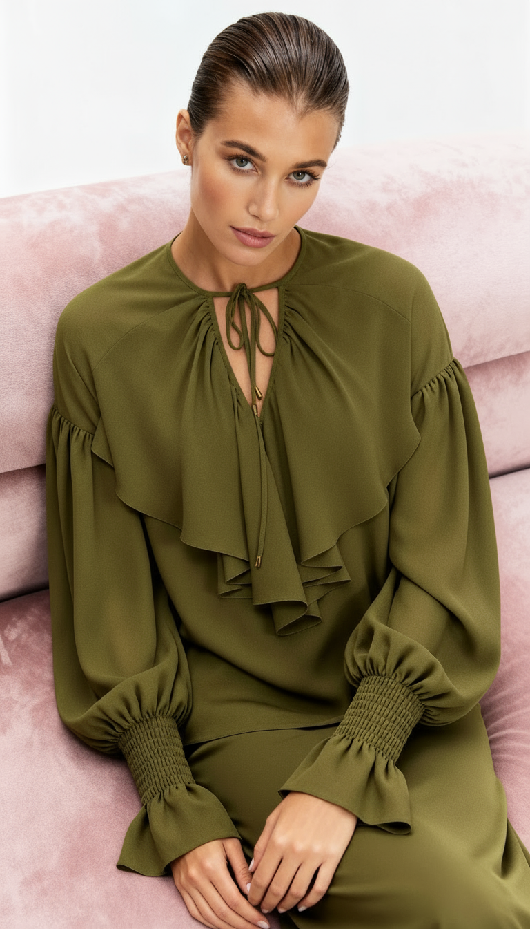 an image of a woman sitting on a couch wearing a green top and skirt