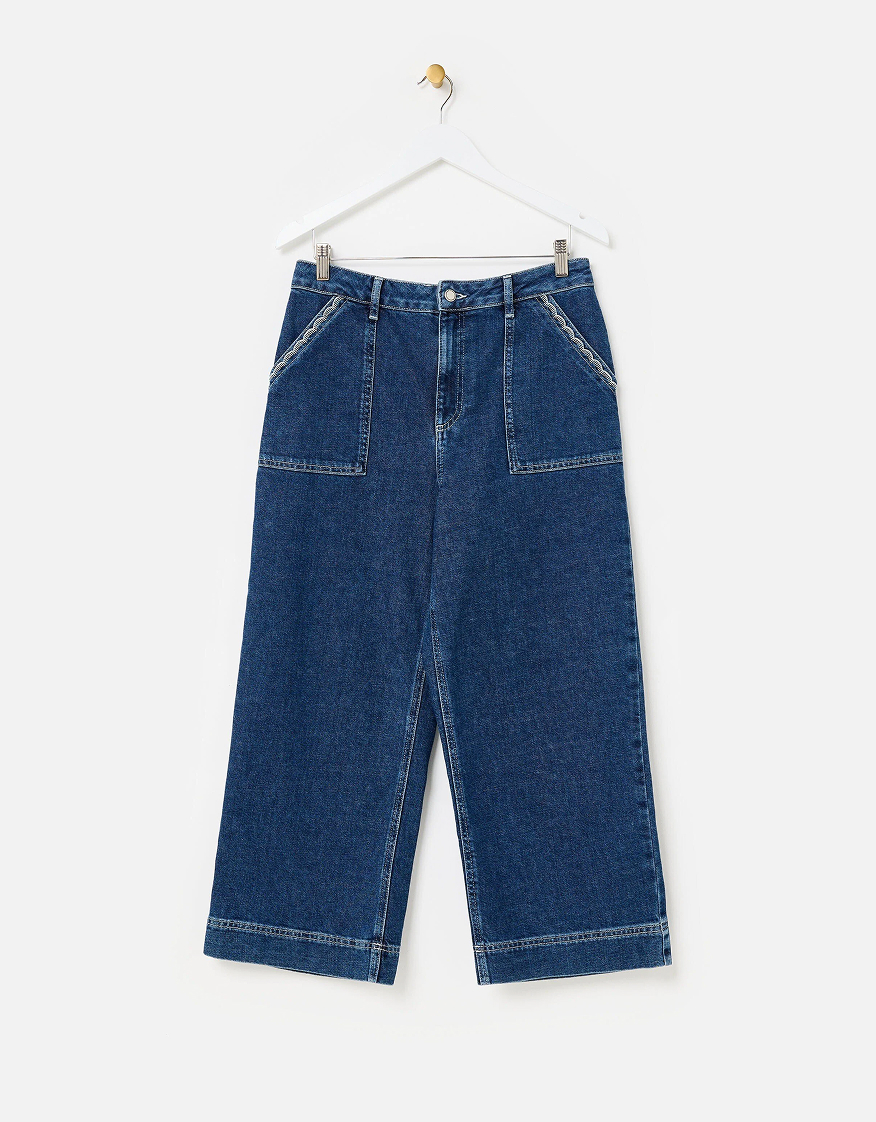 Mid Blue Denim Scalloped Pocket Cropped Wide Leg Jeans