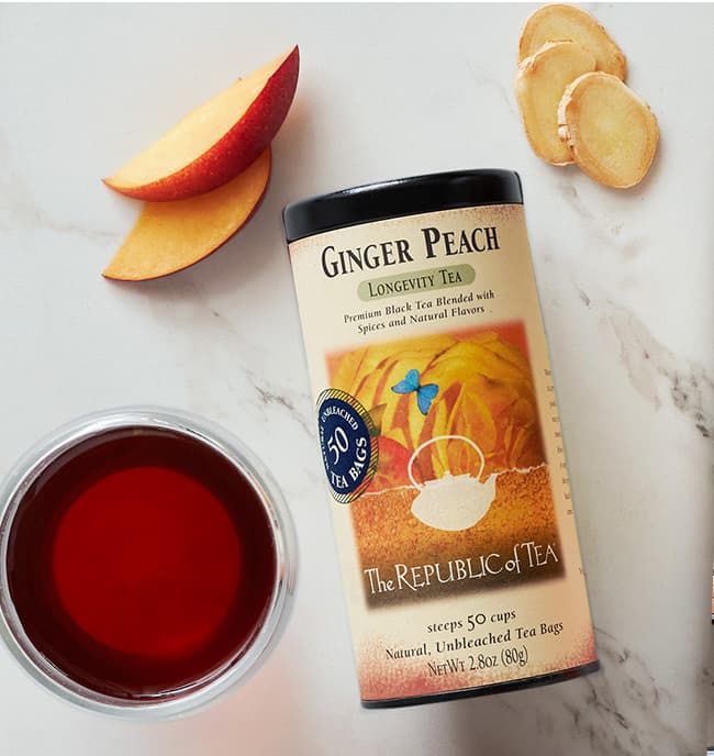 Ginger Peach Tea Tin with peaches, ginger and cup of tea