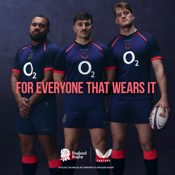 3 England Men's players stand together in the new 26/27 Home Kit
